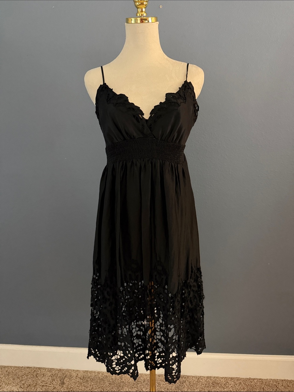 BCBGMaxAzria Black Satin Chemise with Lace and Ruffles